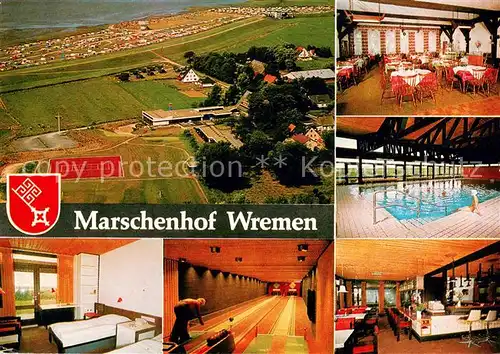 AK / Ansichtskarte Wremen Marschenhof Wremen Fliegeraufnahme  Gastraeume Hallenbad Gaestezimmer Kegelbahn Wremen