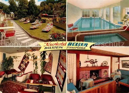 AK / Ansichtskarte Bilstein_Sauerland Kurhotel Heller Garten Aufenthaltsraum Kaminzimmer Hallenbad Bilstein_Sauerland