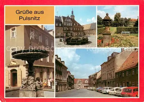 AK / Ansichtskarte Pulsnitz_Sachsen Brunnen Thaelmannplatz Platz der Befreiung Brunnen der Gewerke Schlosspark Pulsnitz Sachsen