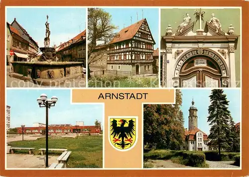 AK / Ansichtskarte Arnstadt_Ilm Hopfenbrunnen Fachwerkhaus ehemalige Papiermuehle Portal Haus Zum Palmbaum Museum HOG Voelkerfreundschaft Neideckturm Wappen Arnstadt_Ilm