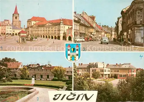 AK / Ansichtskarte Jicin Gottwaldplatz Tor Burg Husova Schloss Obstgarten Bueste von J. Haken Denkmal Wirtschaftsschule Jicin