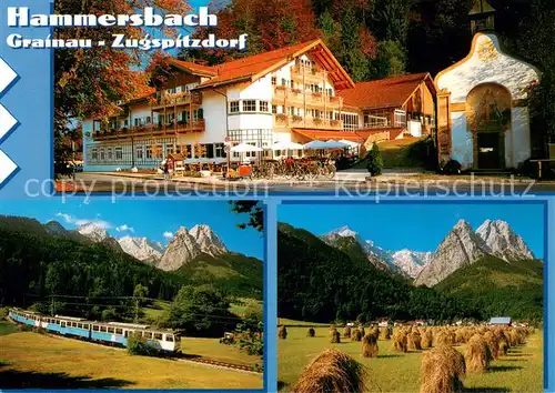 AK / Ansichtskarte Hammersbach_Grainau Gaestehaus Haus Hammersbach mit Kapelle Bayerische Zugspitzbahn Wettersteingebirge Felder Huber Karte Nr. 8029 Hammersbach Grainau