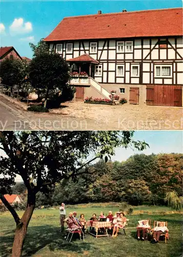 AK / Ansichtskarte Rengshausen_Knuellwald Pension Koerber Fachwerkhaus Garten Rengshausen Knuellwald