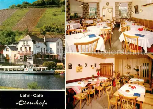 AK / Ansichtskarte Obernhof_Lahn Pension Restaurant Lahn Cafe Gastraeume Fahrgastschiff Obernhof_Lahn