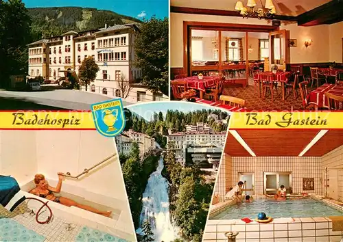 AK / Ansichtskarte Bad_Gastein Kuranstalt Badehospiz Kuranwendungen Restaurant Wasserfall Bad_Gastein