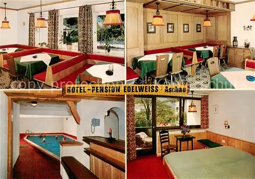 AK / Ansichtskarte Aschau_Chiemgau Hotel Pension Edelweiss Gastraeume Hallenbad Zimmer Aschau Chiemgau