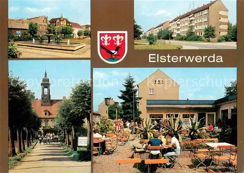 AK / Ansichtskarte Elsterwerda Wappenbrunnen am Markt Strasse des Aufbaues Schloss Eiscafe Elsterwerda