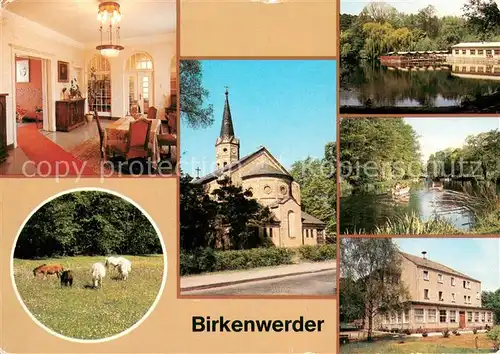 AK / Ansichtskarte Birkenwerder Clara Zetkin Gedenkstaette Ponyzucht Kirche Gaststaette Boddensee Bootshafen Feierabendheim Birkenwerder