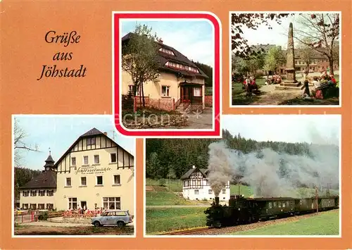 AK / Ansichtskarte Joehstadt Gaststaette Schwarzwassertal Postmeilensaeule am Markt Betriebsferienheim Schloesselmuehle Kleinbahn im Schwarzwassertal Joehstadt