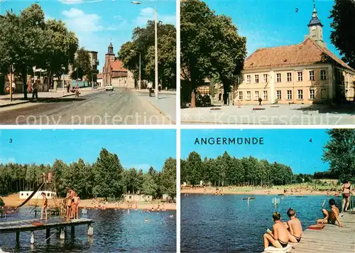 AK / Ansichtskarte Angermuende Berliner Strasse Rathaus Freibad Wolletzsee Badestrand Angermuende