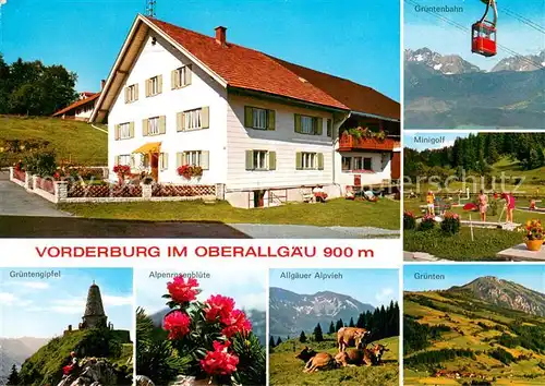 AK / Ansichtskarte Vorderburg_Immenstadt Gaestehaus Gschwend Gruentenbahn Bergbahn Minigolf Alpvieh Kuehe Alpenrosenbluete Gruentengipfel Allgaeuer Alpen Vorderburg_Immenstadt