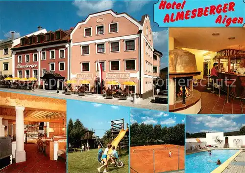 AK / Ansichtskarte Aigen_Muehlkreis Hotel Almesberger Bar Gastraum Spielplatz Tennis Freibad Aigen Muehlkreis