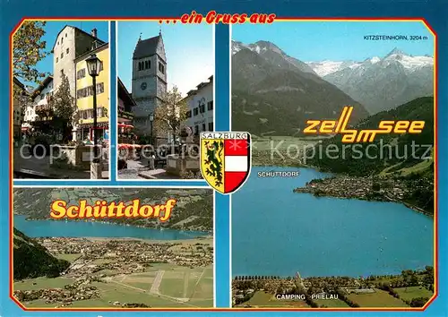 AK / Ansichtskarte Zell_See Brunnen Kirchturm Schuettdorf Fliegeraufnahmen Kitzsteinhorn Camping Prielau Zell_See