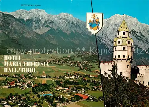 AK / Ansichtskarte Hall_Tirol Hotel Maria Theresia Fliegeraufnahme Schloss Bettelwurf Karwendelgebirge Hall_Tirol