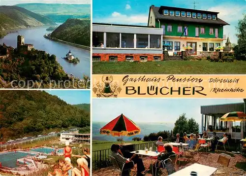 AK / Ansichtskarte Doerscheid Gasthaus Pension Bluecher Terrasse Freibad Panorama Rheintal Doerscheid