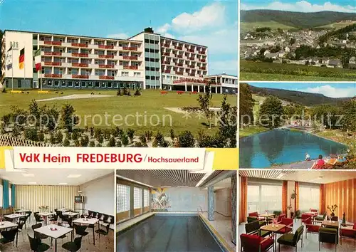 AK / Ansichtskarte Fredeburg_Schmallenberg VdK Erholungsheim Aufenthaltsraum Hallenbad Freibad Panorama Fredeburg_Schmallenberg