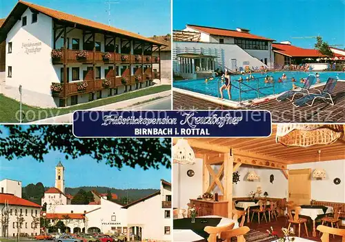 Birnbach_Rottal Pension Kreuzhafner Gastraum Swimming Pool Ortsmotiv mit Kirche Birnbach Rottal