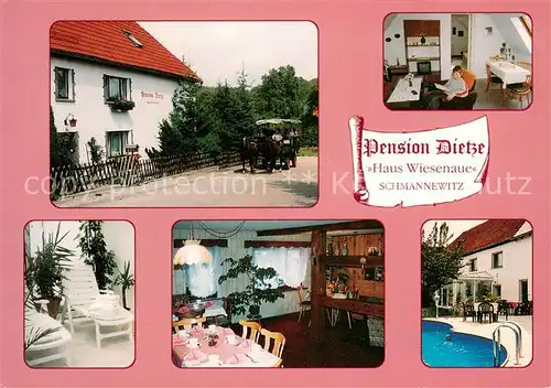 AK / Ansichtskarte Schmannewitz Pension Dietze Haus Wiesenaue Gaesteraum Swimming Pool Planwagen Schmannewitz