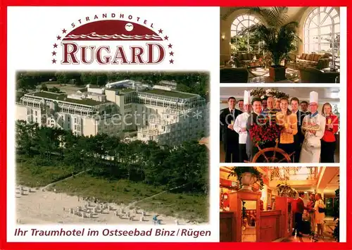 AK / Ansichtskarte Binz_Ruegen Strandhotel Rugard Rezeption Feier Strand Fliegeraufnahme Binz_Ruegen