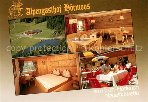 AK / Ansichtskarte Oberstaufen Alpengasthof Hoermoos Gaststube Terrasse Fremdenzimmer See Fliegeraufnahme Oberstaufen