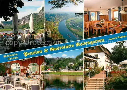 AK / Ansichtskarte Rathen_Saechsische Schweiz Pension Gaststaette Rosengarten Restaurant Terrasse Panorama Elbetal Rathen Saechsische Schweiz