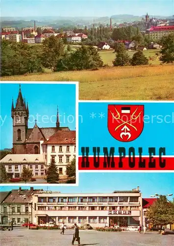 AK / Ansichtskarte Humpolec Stadtpanorama Kirche Hotel Wappen Humpolec