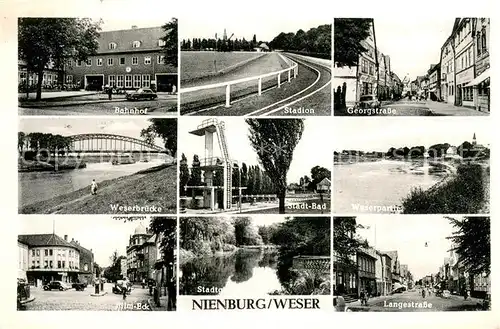 AK / Ansichtskarte Nienburg_Weser Bahnhof Stadion Strassen Innenstadt Weserbruecke Stadtbad Sprungturm Nienburg Weser