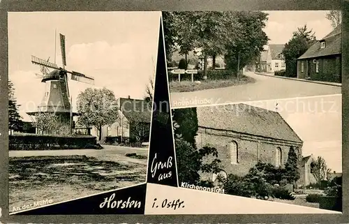 AK / Ansichtskarte Horsten_Ostfriesland Windmuehle Hauptstrasse Kirche Friedhof Horsten_Ostfriesland