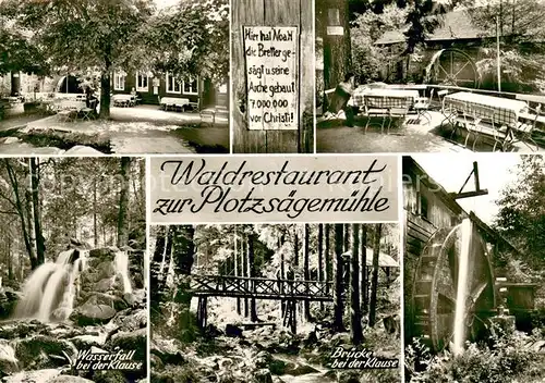 AK / Ansichtskarte Bad_Herrenalb Waldrestaurant zur Plotzsaegemuehle Wasserfall und Bruecke bei der Klause Muehlrad Bad_Herrenalb