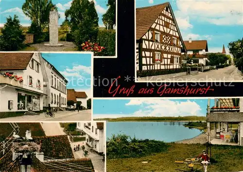 AK / Ansichtskarte Gamshurst Denkmal Ladenschaeft Fachwerkhaus Strassenpartie Storchennest Haus am See Gamshurst