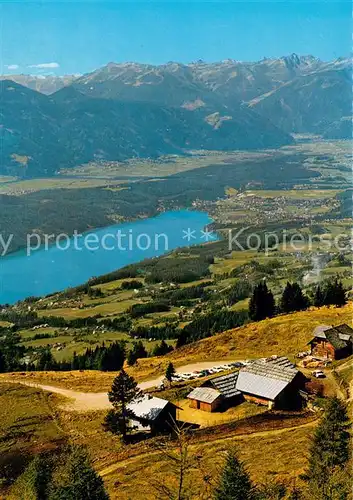 Millstaettersee Alpengasthaus Lammersdorfer Huette Fliegeraufnahme mit Seeboden Millstaettersee