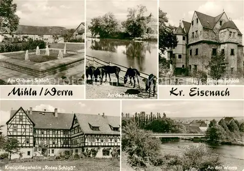 AK / Ansichtskarte Mihla Wasserspiele am Grauen Schloss Partie an der Werra Pferdekoppel Pflegeheim Rotes Schloss Fachwerkhaus Mihla