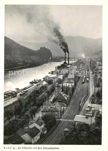 Aussig_Tschechien Elbhafen mit dem Schreckenstein Eisenbahn Aus dem Jahrweiser Schoenes Sudetenland 28 Bildkarten der verlorenen Heimat Aussig Tschechien