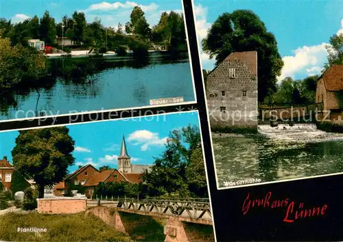 Luenne Blauer See Wassermuehle Plantluenne Bruecke Blick zur Kirche Luenne