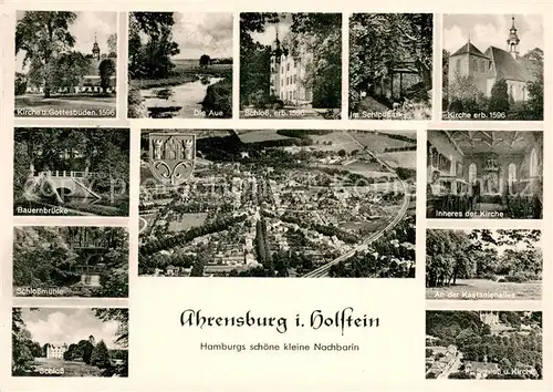 AK / Ansichtskarte Ahrensburg Kirche und Gottesbuden Die Aue Schloss Kirche Inneres Bauernbruecke Schlossmuehle Kastanienallee Panorama Ahrensburg