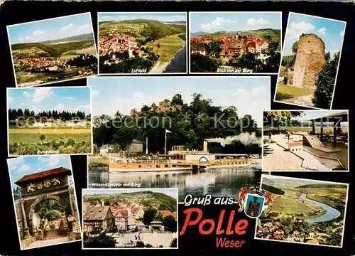 AK / Ansichtskarte Polle_Oberweser Fliegeraufnahmen Blick von der Burg Bungalows Weserdampfer Teilansicht Minigolf Anlage  Polle_Oberweser