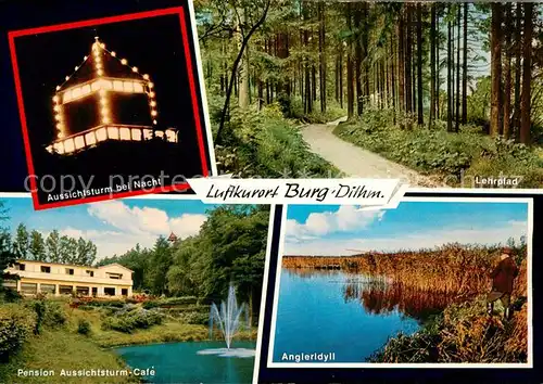 AK / Ansichtskarte Burg_Dithmarschen Aussichtsturm bei Nacht Lehrpfad Pension Aussichtsturm Cafe Angelsee Burg Dithmarschen