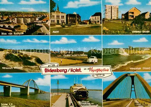 AK / Ansichtskarte Oldenburg_Holstein Blick vom Hochhaus Markt Ostland Strasse Wesseler Strand Bruecke Fehmarnsund Faehrschiff Theodor Heuss Oldenburg_Holstein