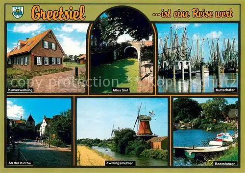 AK / Ansichtskarte Greetsiel Kurverwaltung Altes Siel Kutterhafen An der Kirche Zwillingsmuehlen Bootspartien Greetsiel