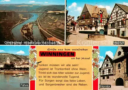 AK / Ansichtskarte Winningen_Mosel Campinginsel Moselbruecke Weinhexenbrunnen Faehre Horntor Winningen Mosel