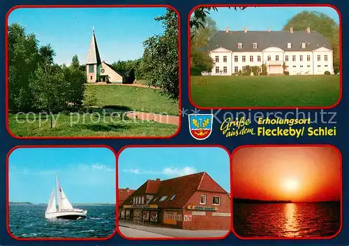 AK / Ansichtskarte Fleckeby Kirche Schloss Segelboot Aktiv Markt Sonnenuntergang Fleckeby