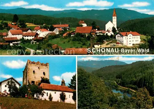 AK / Ansichtskarte Schoenau_Niederbayern Panorama Burgturm Kirche  Schoenau Niederbayern