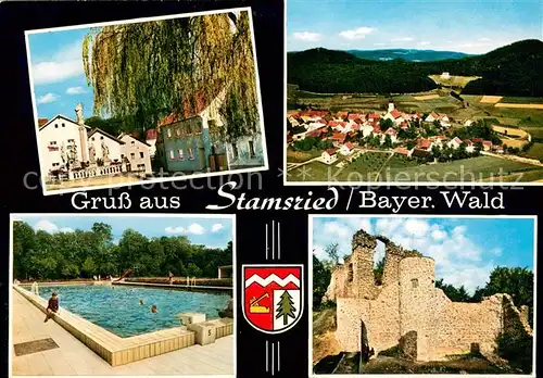 AK / Ansichtskarte Stamsried Ortsmotiv Panorama Schwimmbad Burgruine Stamsried