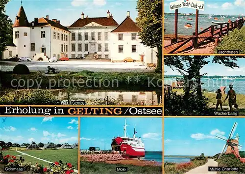 AK / Ansichtskarte Gelting_Schleswig_Holstein Schloss Jachthafen Ostsee Wackerballig Muehle Mole Faehre Ferienhaeuser Golsmaas Gelting_Schleswig