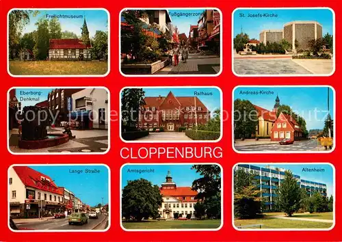 AK / Ansichtskarte Cloppenburg Freilichtmuseum Fussgaengerzone Kirche Denkmal Rathaus Amtsgericht Altenheim Cloppenburg