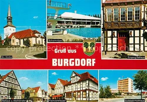 AK / Ansichtskarte Burgdorf_Hannover Kirche Schwimmbad Rathaus Marktstrasse Fachwerkhaeuser Suedstadt Hochhaus Burgdorf Hannover