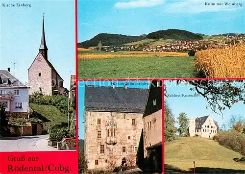 AK / Ansichtskarte Roedental Kirche Einberg Landschaftspanorama Kulm mit Weinberg Kloster Moenchroeden Schloss Rosenau Sonderauflage zur Stadterhebung am 23. September 1988 Roedental