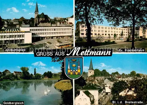 AK / Ansichtskarte Mettmann Jubilaeumsplatz Ev Krankenhaus Goldbergteich Breitestrasse mit Kirche Mettmann