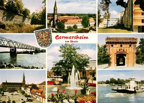 AK / Ansichtskarte Germersheim Stadtmauer Kirche Rheinbruecke Markplatz Fontaene Faehre Torbogen Germersheim