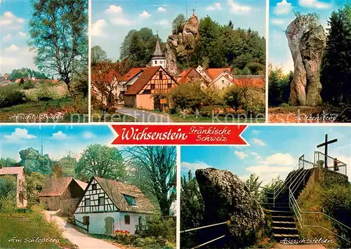 Wichsenstein Panorama Ortsansicht mit Kirche Spitzenstein Felsen Aussichtsfelsen Kreuz Partie am Schlossberg Wichsenstein